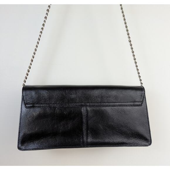 Preston & York Black Leather Shoulder Evening Bag Silver Chain Strap Structured - Picture 5 of 13